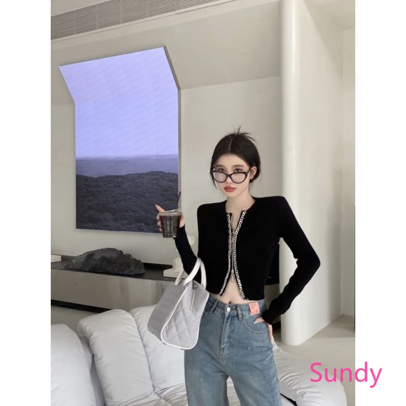 Áo Khoác Cardigan Dài Tay Phối Khóa Kéo Đôi Màu Đen Thời Trang Mùa Xuân Hàn Quốc Cho Nữ