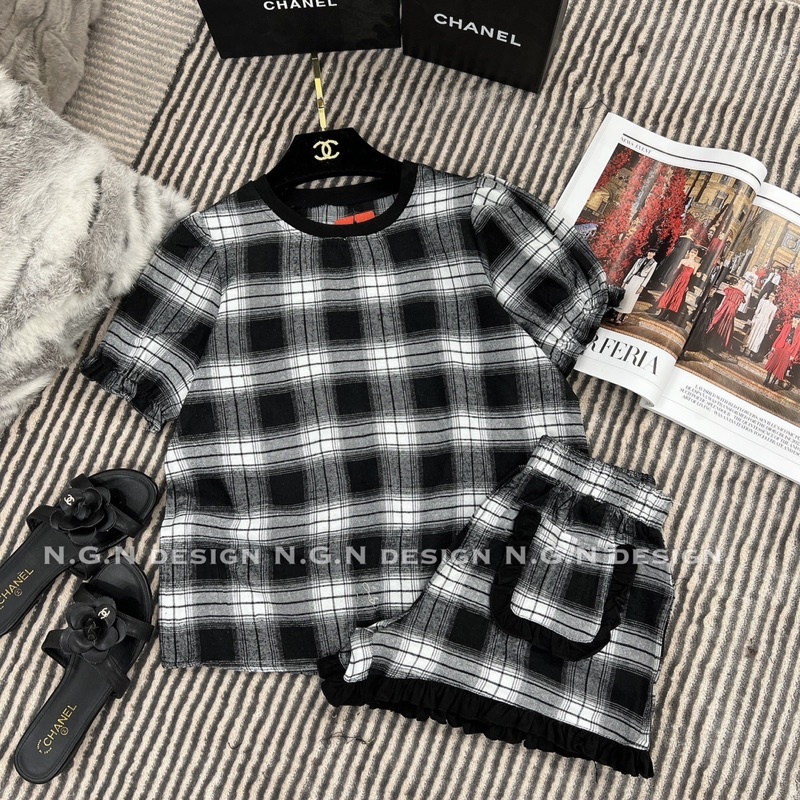 Sét kẻ caro đen trắng viền bèo