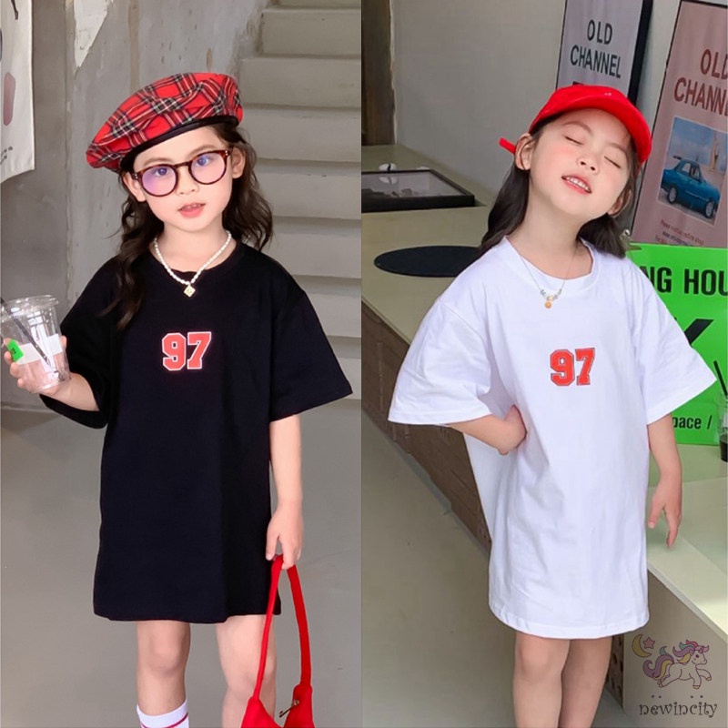 Đầm Thun Tay Ngắn In Chữ Phong Cách Hàn Quốc Thời Trang Mùa Hè Cho Bé Gái