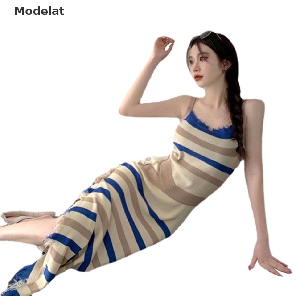 Mfc Đầm Dài Dệt Kim Không Tay Dáng Ôm Họa Tiết Kẻ Sọc Phong Cách Hàn Quốc Dành Cho Nữ
