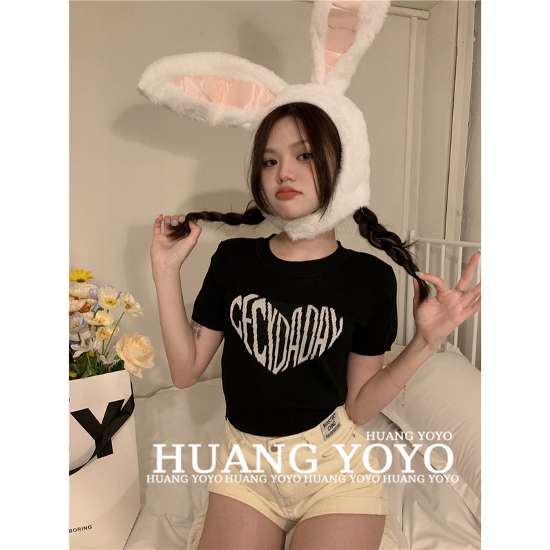 HUANG YOYO Áo Croptop Dệt Kim Tay Ngắn Cổ Tròn Dễ Thương Phong Cách Hàn Quốc Cho Nữ vicolas