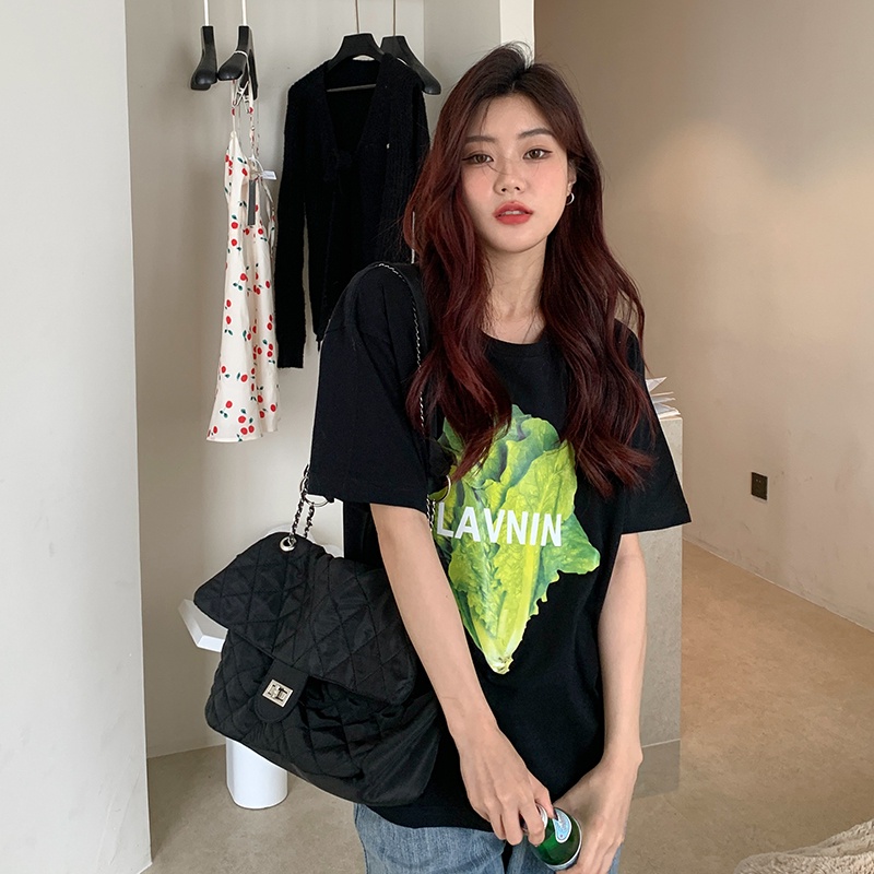 Áo Thun Tay Ngắn Dáng Rộng In Chữ Và Hình Rau Củ Quả Màu Xanh Lá Thời Trang Mùa