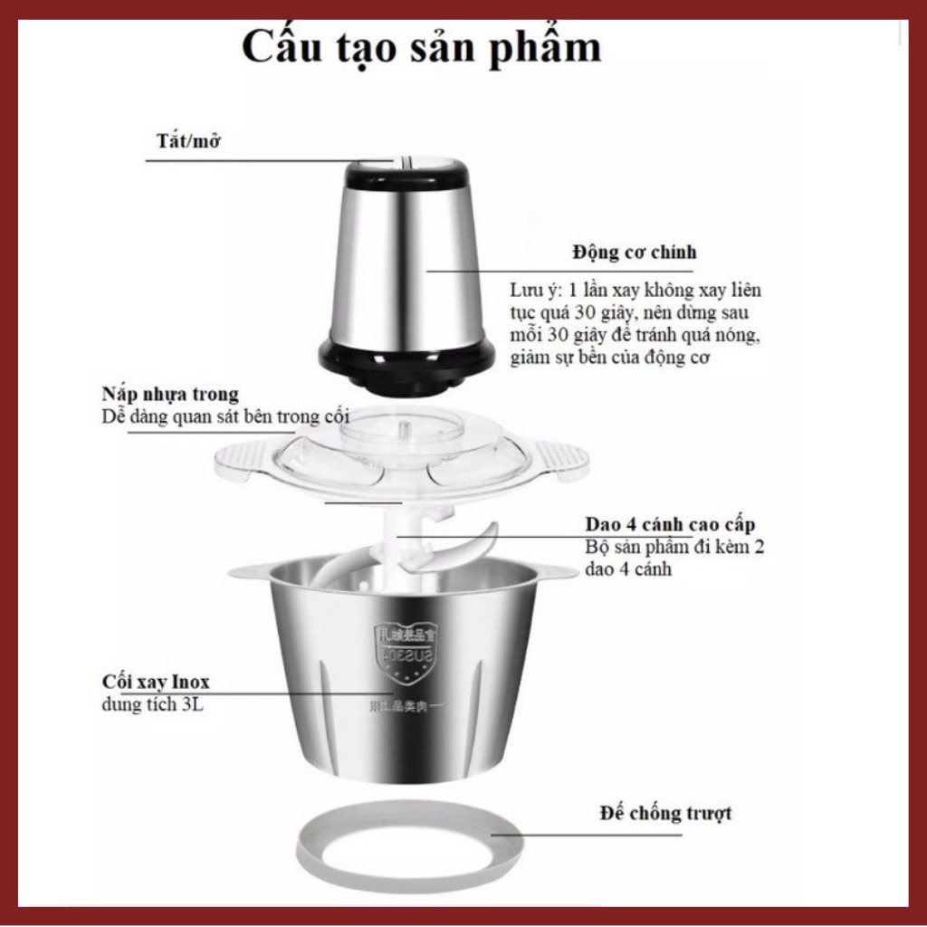 Máy xay thịt, máy xay đa năng, công suất 250W, cối inox304, 4 lưỡi dao sắc bén
