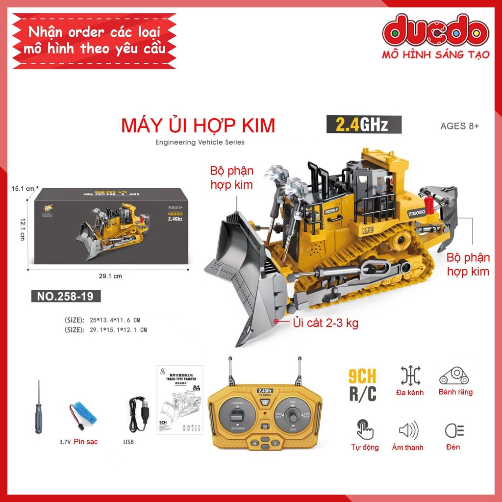 Xe điều khiển từ xa ô tô công trình máy xúc ben múc cẩu ủi gầu và thùng sắt pin sạc cho bé - Đồ chơi mô hình