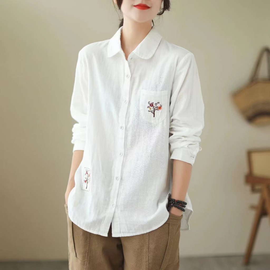 ICE Cotton and Linen Shirt Embroidered Pocket Long Sleeve Lapel Foreign Trade Original Order Leftover Stock Retro Literary Lady Spring Slim-Fit Cardigan