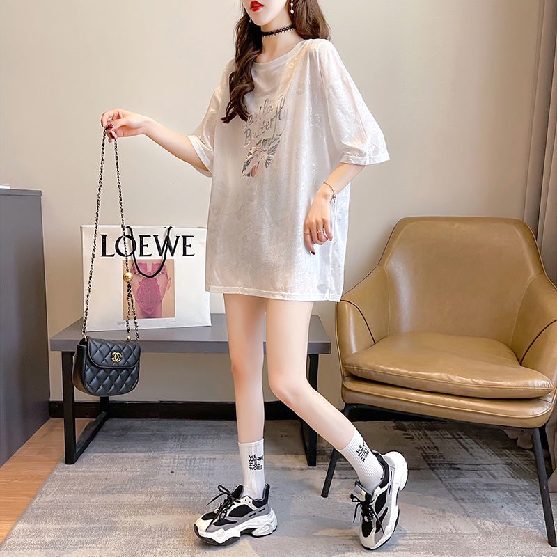 Áo Thun Tay Ngắn Dáng Dài Đính Kim Sa Lấp Lánh In Chữ Thời Trang Mùa Hè Cho Nữ