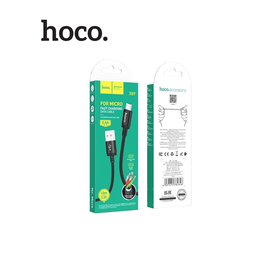 Cáp sạc 2.4A Hoco X89 vải dù bện chống rối cho 6/7/8 dài 1M (Màu Đen )