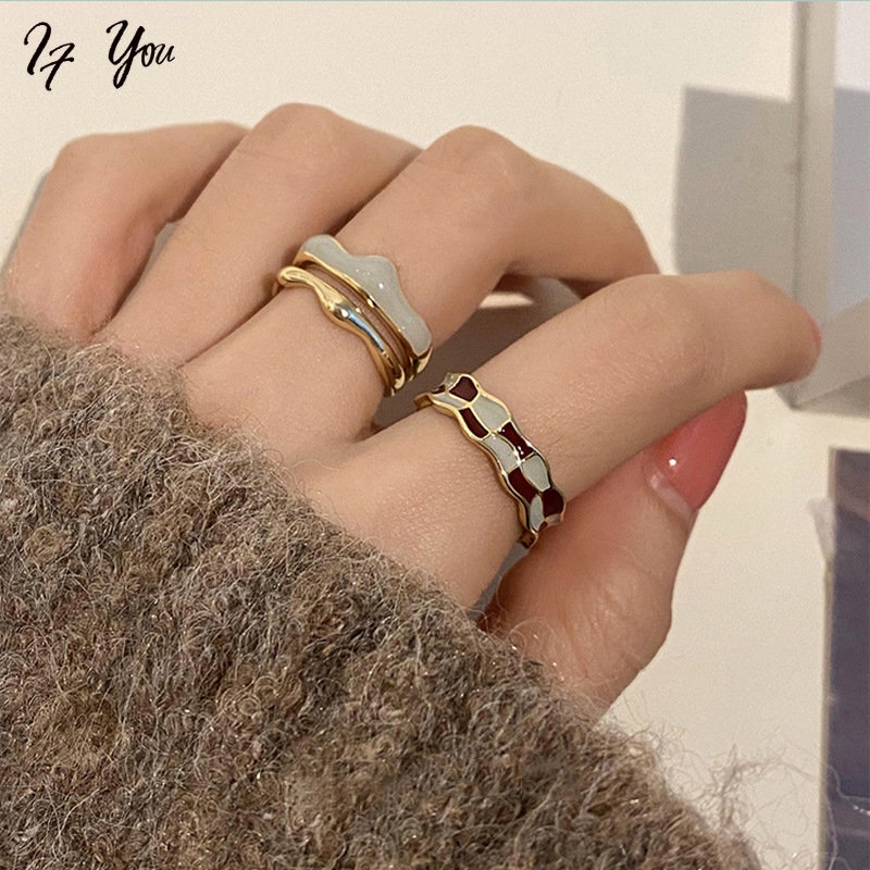 Nhẫn AY dạng hở điều chỉnh được hai lớp đính đá nhân tạo kiểu giọt nước phong cách retro thời trang cho nữ