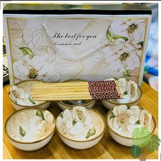 Bộ 6 chén đũa gốm sứ cao cấp họa tiết hoa trà kèm hộp đựng sang trọng