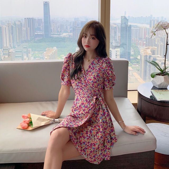 {Order bigsize,M-4xl}Váy hoa hoạ tiết li ti cổ V vạt buộc eo nơ - Có ảnh thật