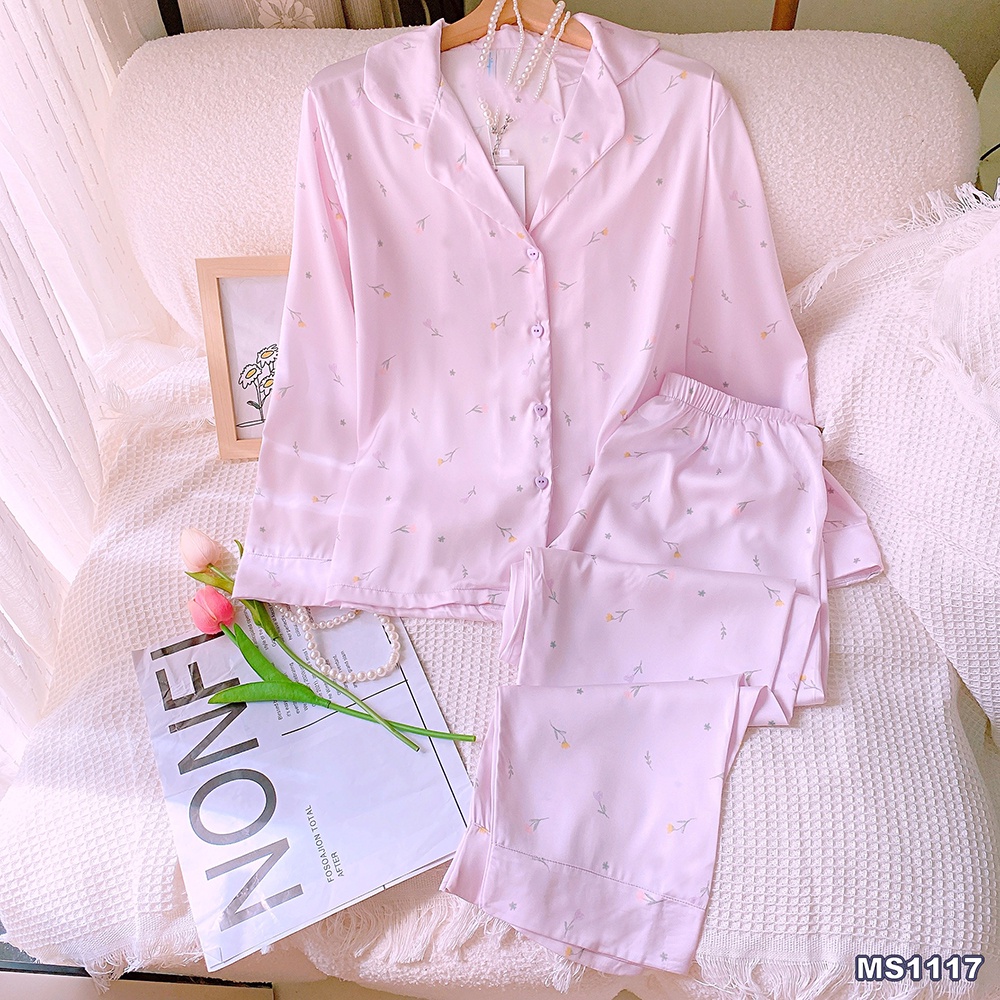 Bộ Đồ Ngủ Pyjama MAISLEEPWEAR Lụa Mặc Nhà Áo Tay Dài Quần Dài Họa Tiết Hoa Tím Trẻ Trung Cao Cấp MS1117