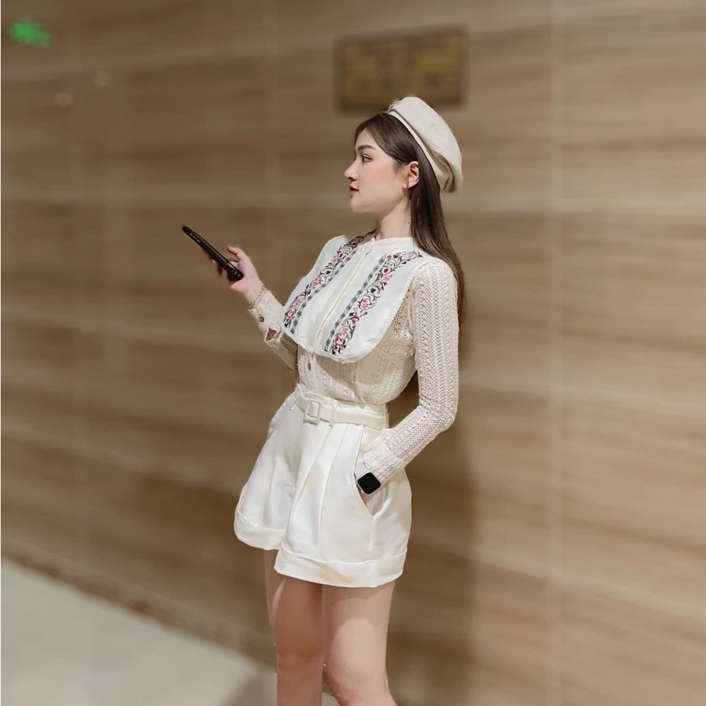 Set Váy Nữ EVANIA Set Áo Chân Váy Kiểu Áo Ren Dài Tay Phối Yếm Trước Ngực Mix Quần Chân Váy TacTa - Mã Z240