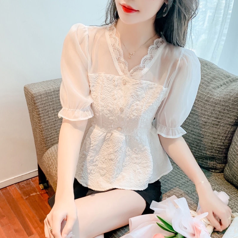 Áo Sơ Mi Chiffon Tay Ngắn Dáng Ôm Phong Cách Hàn Quốc Thời Trang Cho Nữ
