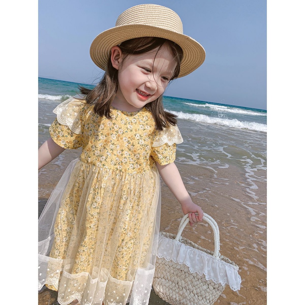 Đầm Công Chúa Mùa Hè Tay Cộc In Họa Tiết Hoa Hợp Thời Trang Dễ Phối Đồ Phong Cách Hàn Quốc Cho Bé Gái