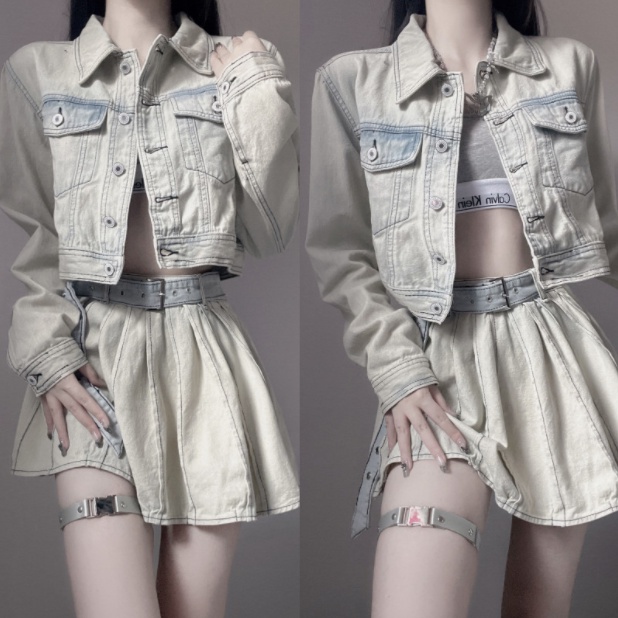 Jiashucheng Bộ Áo Khoác Denim Ngắn Phối Chân Váy Xếp Ly Màu Trắng Phong Cách Retro Mới Cho Nữ