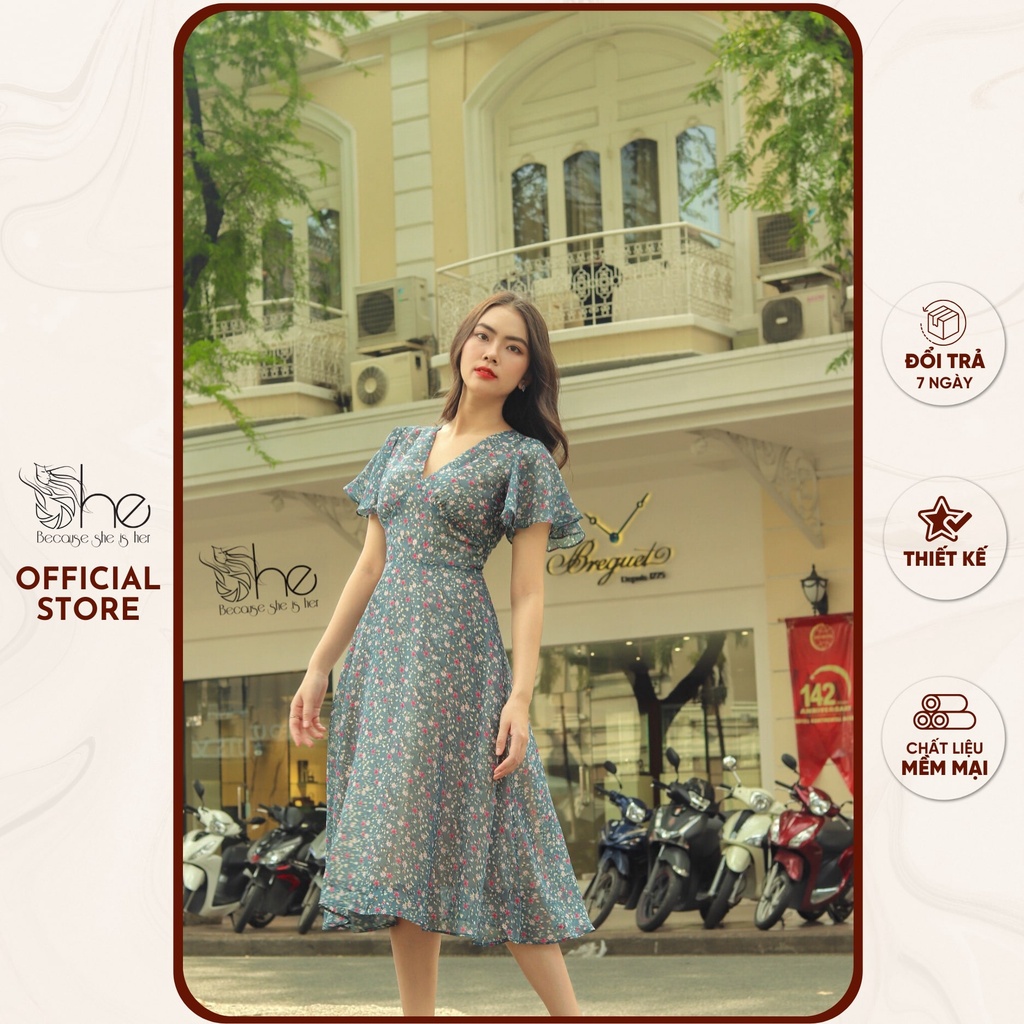 Váy hoa nhí voan thiết kế She, váy trắng tiểu thư dáng xoè đi biển xinh SDX80