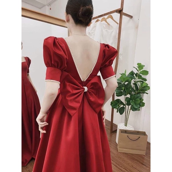 Đầm maxi cưới TRIPBLE T DRESS cổ U tay ngắn phồng hở lưng kết viền ngọc - size S/M/L - MS273Y