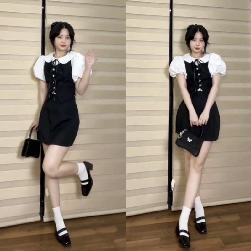 Set Váy 3 Món Gồm Áo Gile Mix Sơmi Trắng Kèm Chân Váy Dylei Có Ảnh Thật