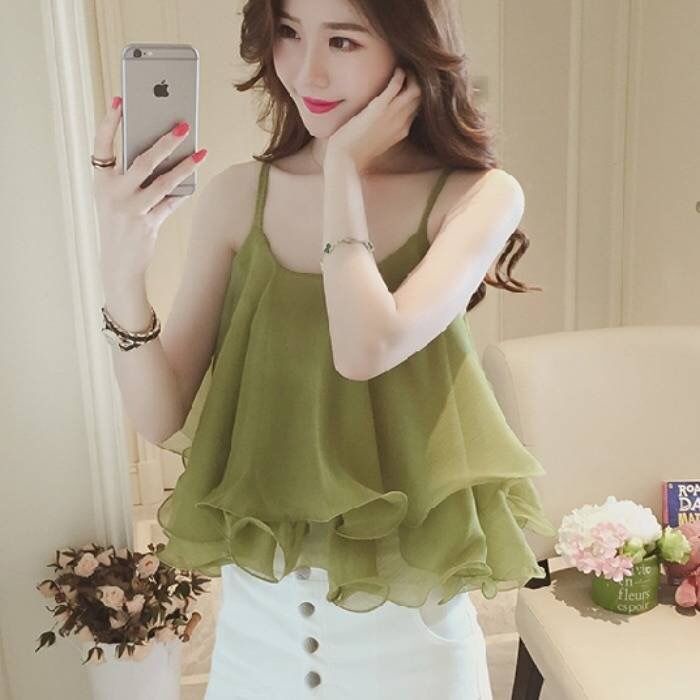 Áo kiểu trễ vai tay bồng tiểu thư ngực nhún bèo 2 tầng điệu đà Áo Sơ Mi Chiffon Ngắn Không Tay Dáng Rộng Thời Trang Mùa Hè 2023 Hàng Mới Dành Cho Bé Gái
