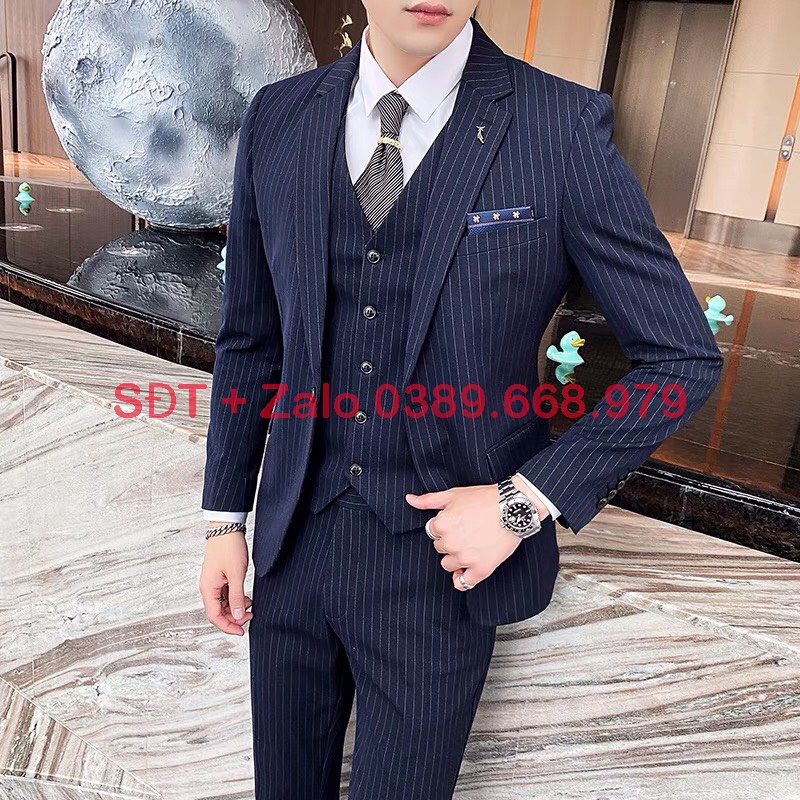 Bộ Vest Nam Cao Cấp màu Xanh than Kẻ sọc, Suit Nam Hàn Quốc Chất Vải Sịn, Quần có tăng chỉnh size.