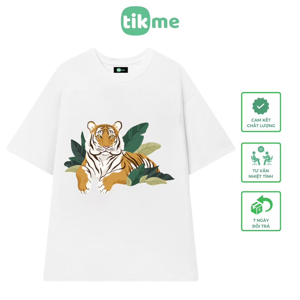 Áo Phông Nam Nữ Cộc Tay Tikme Size XS-3XL 100% Chất Cotton Hình Hổ Con Nằm Trong Lá Siêu Dễ Thương
