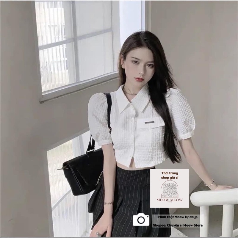 Áo sơ mi Xốp croptop vai phồng dây rút hông phối nắp túi gắn logo Ulzzang siêu đẹp