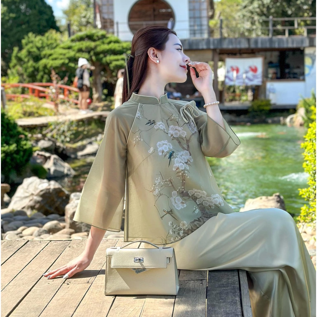 Bộ LAM đi chùa in hoa đào - sét áo đi lễ chùa hàng thiết kế 2023