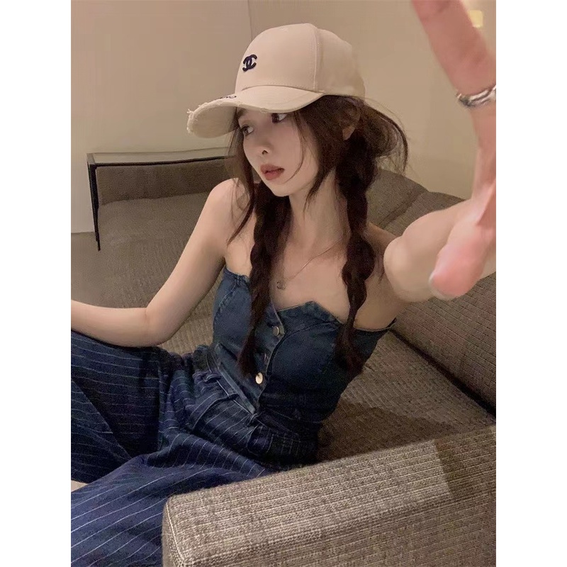 Set Áo Ống Kèm Quần Jeans Lưng Cao Ống Rộng Thời Trang Cho Nữ