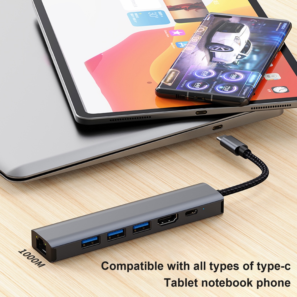Trạm Sạc Nhiều Cổng USB C 6 Trong 1 3 Cổng USB 3.0 RJ45 4K / 30Hz HDMI-Compatible 5Gbps Type-C Cho Máy Tính