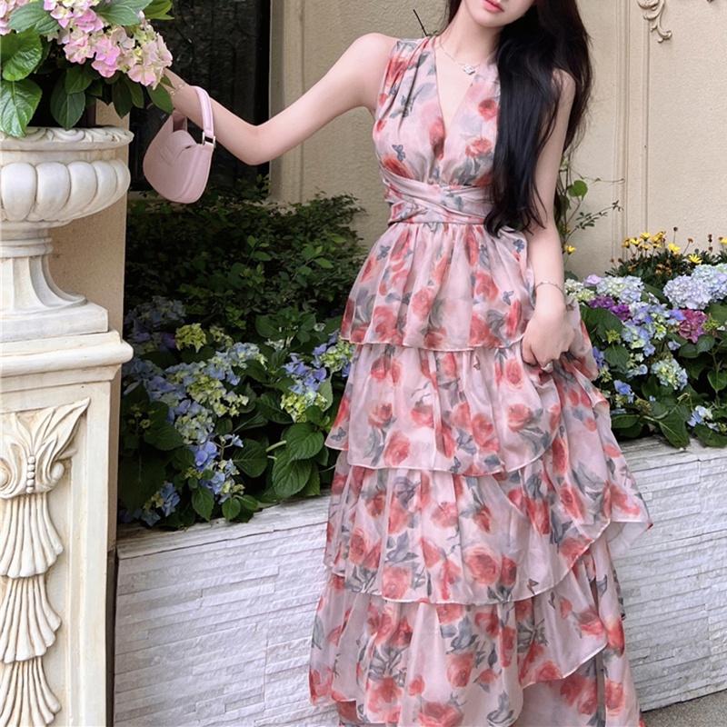 IELGY Đầm Hai Dây Hở Lưng In Họa Tiết Thời Trang Pháp Cho Nữ