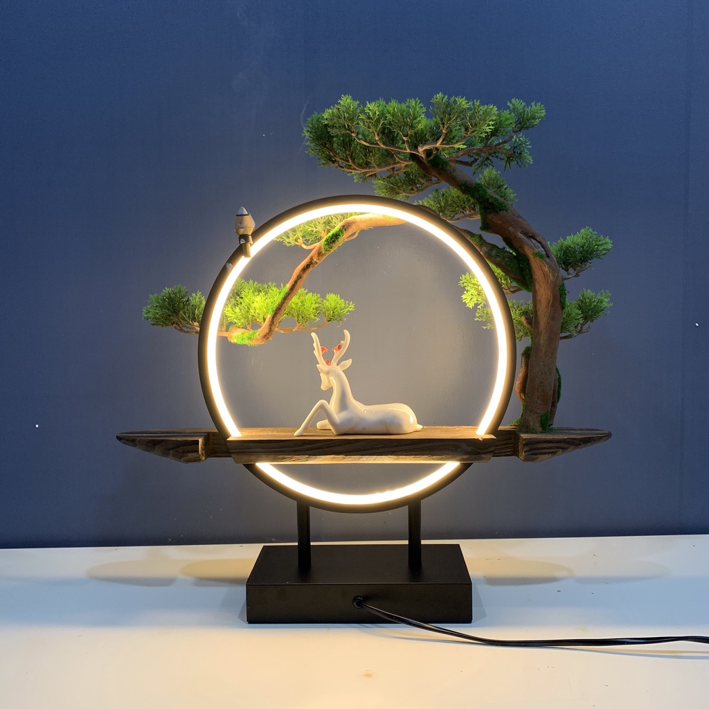 Bộ tiểu cảnh tượng hươu dưới bóng tùng có đèn led sáng sang trọng T72