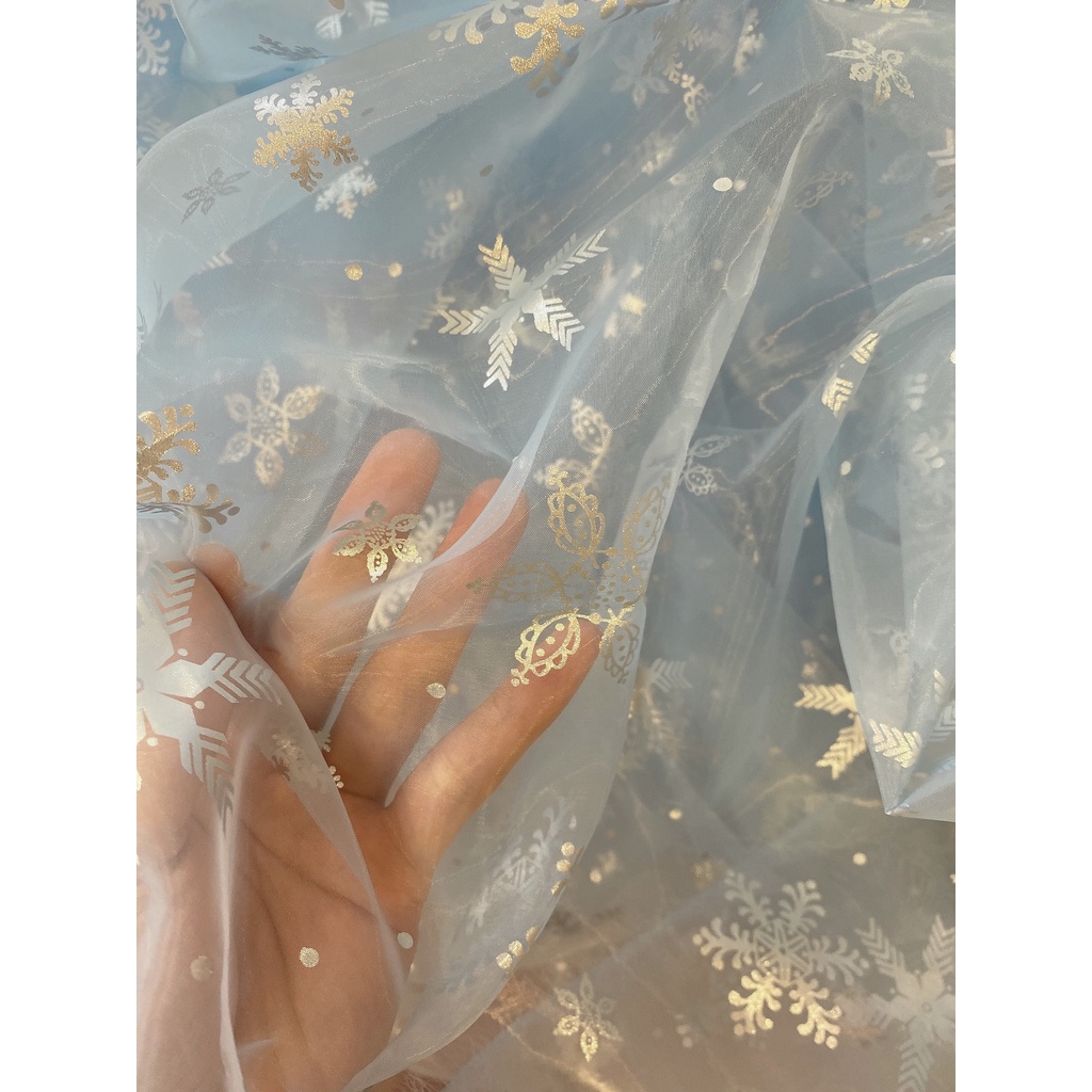 Vải voan kính Elsa họa tiết bông tuyết nữ hoàng băng giá  may váy công chúa cho bé