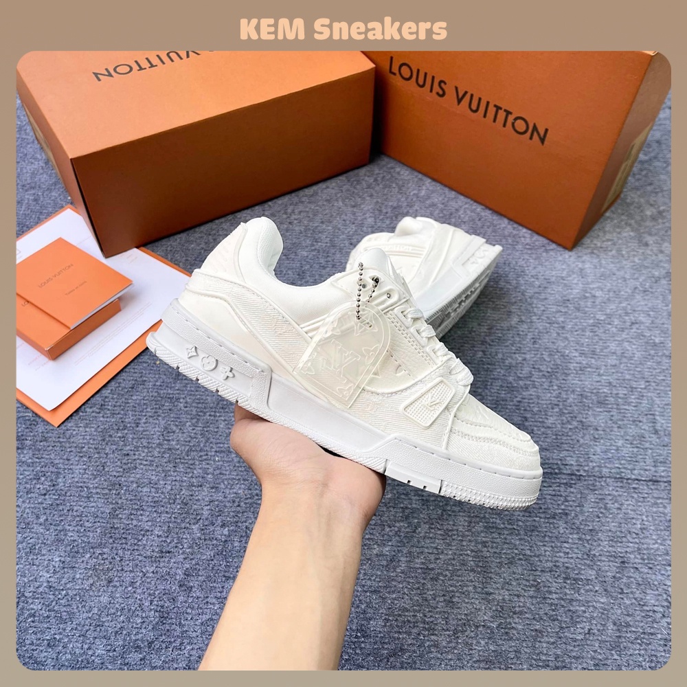 Giày LV Louis Vuitton Trainer Full White Full Phụ Kiện, Giày Thể Thao LV Trắng Hot Trend 2023