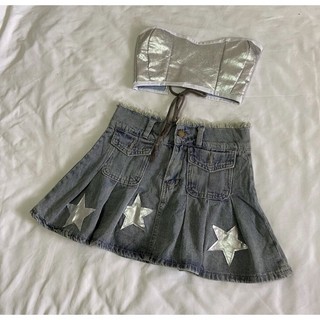 Chân váy jeans xếp ly caro tầng 2hand y2k