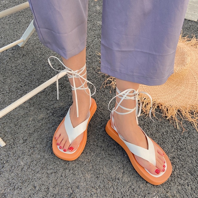 Dép sandal xỏ ngón đế cao dây buộc Ulzzang