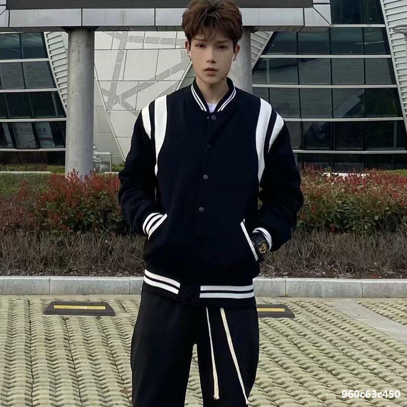Áo bomber Teddy đen phối viền vai BIGOMALL - Áo khoác bomber nam nữ unisex freesize form rộng 65kg