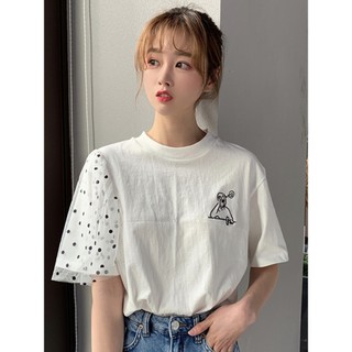 Áo thun tay ngắn phối ren chấm bi ulzzang