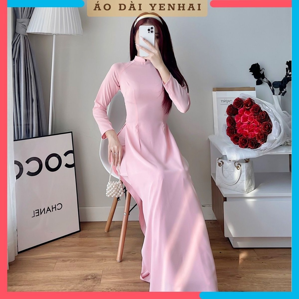 Áo dài màu hồng phấn pastel trơn truyền thống may sẵn lụa mỹ cao cấp | B18