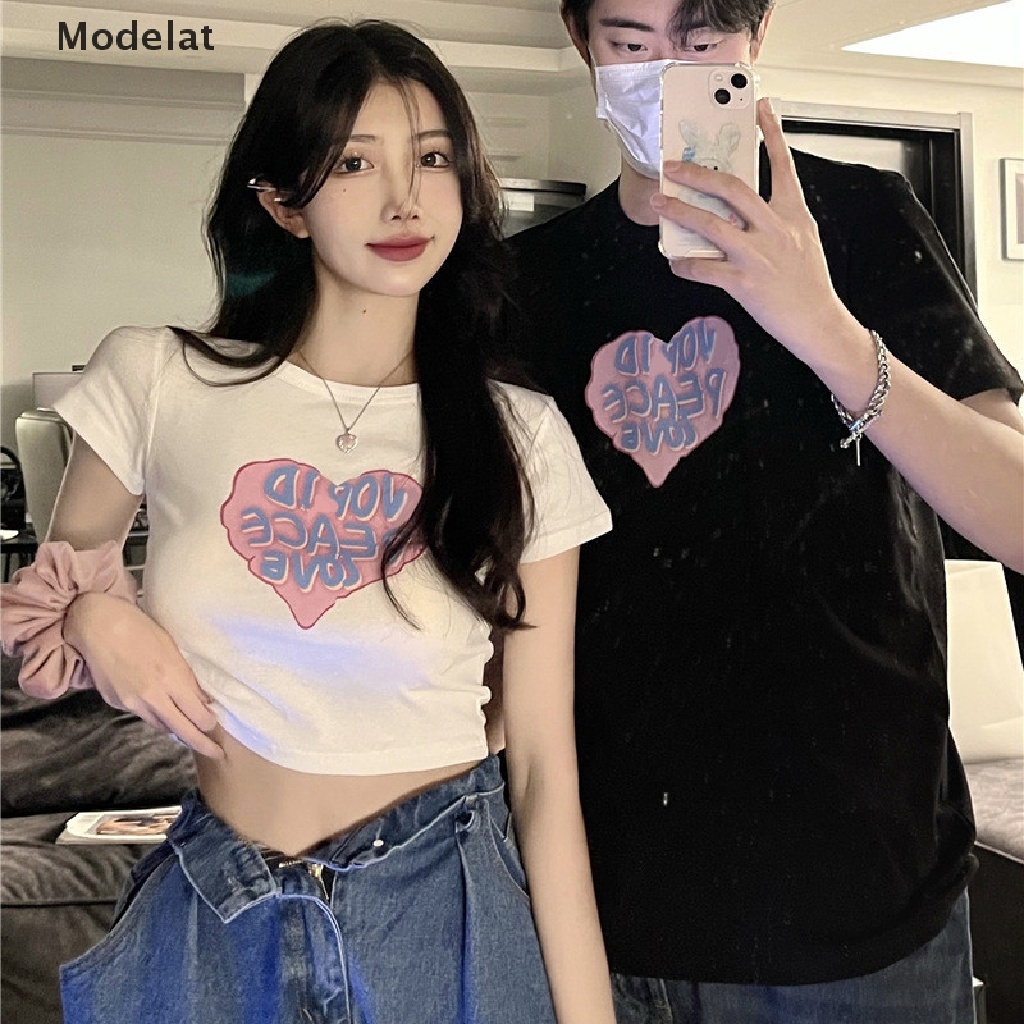 Áo Thun Croptop Tay Ngắn In Họa Tiết Trái Tim Màu Trắng Đen Phong Cách Harajuku Hàn Quốc Cho Nữ