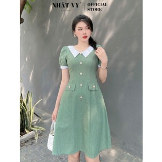 Đầm dự tiệc Nhật Vy tay phồng cổ V đính cúc dáng ôm chất linen phù hợp công sở du lịch sang trọng - D2606