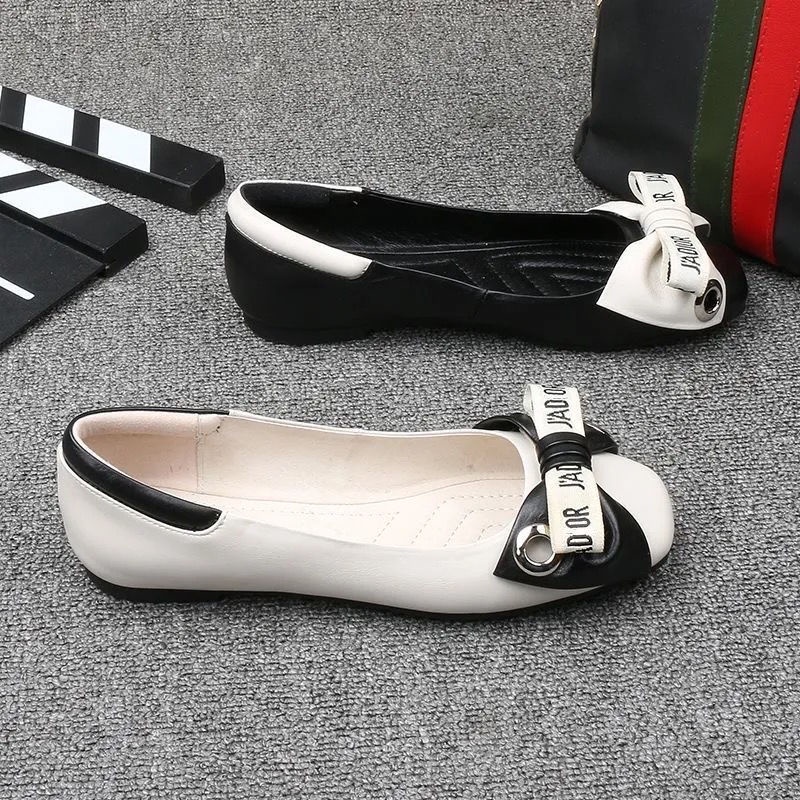 Giày Búp Bê Da Mũi Vuông Đính Nơ Thời Trang Cho Nữ