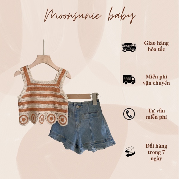 Set áo hai dây dệt kim họa tiết kẻ ngang kèm Quần jeans short cạp cao cho bé gái mùa hè du lịch