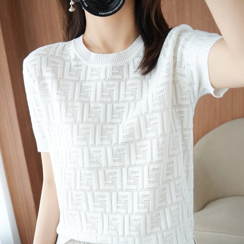 Áo Thun Cotton Dệt Kim Mỏng Dáng Rộng Tay Lửng Cổ Tròn Khoét Rỗng Màu Trơn Thời Trang Mùa Hè FF 2023