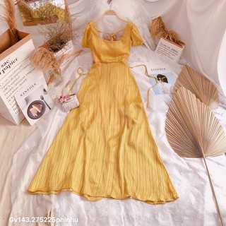 gv143- Đầm maxi vàng khoét lưng