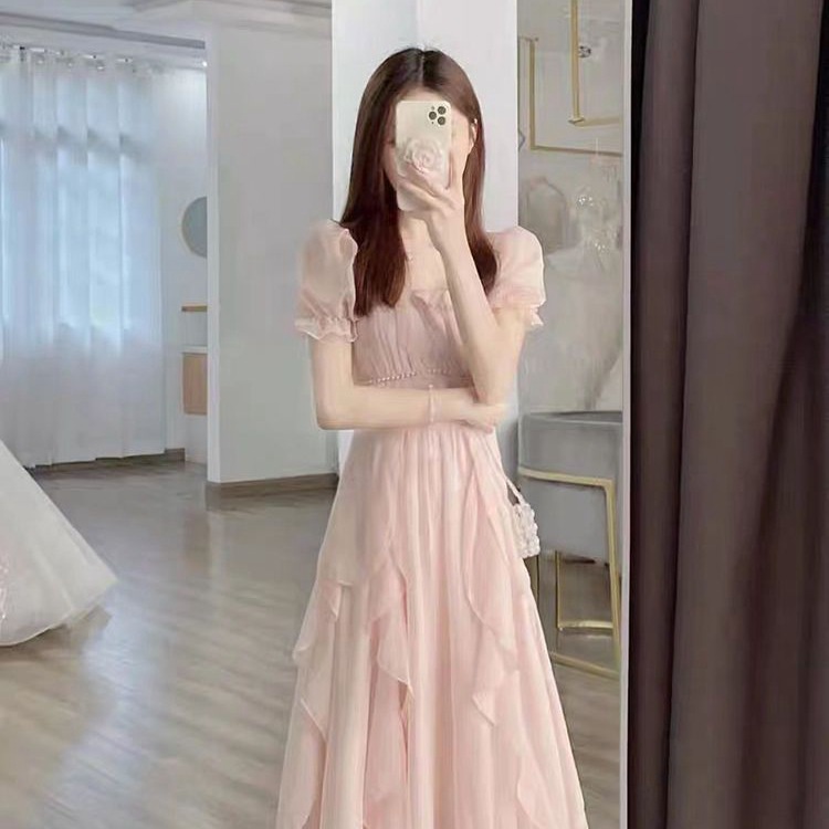 Đầm Voan Dài Qua Gối Nhấn Eo Mỏng Nhẹ Nhàng Phong Cách Pháp Ngọt Ngào Desire Super Fairy