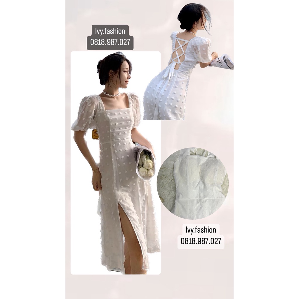 Đầm váy maxi cổ vuông đan dây lưng tay voan phồng chất cotton lụa hoa nổi 🔥Quảng Châu🔥 dự tiệc công sở bigsize