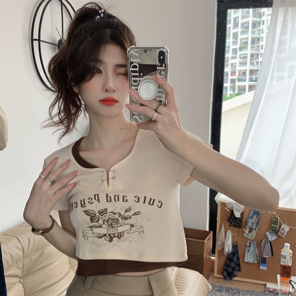 COZOK Áo Thun Ngắn Tay Hở Rốn In Họa Tiết vintage Thời Trang