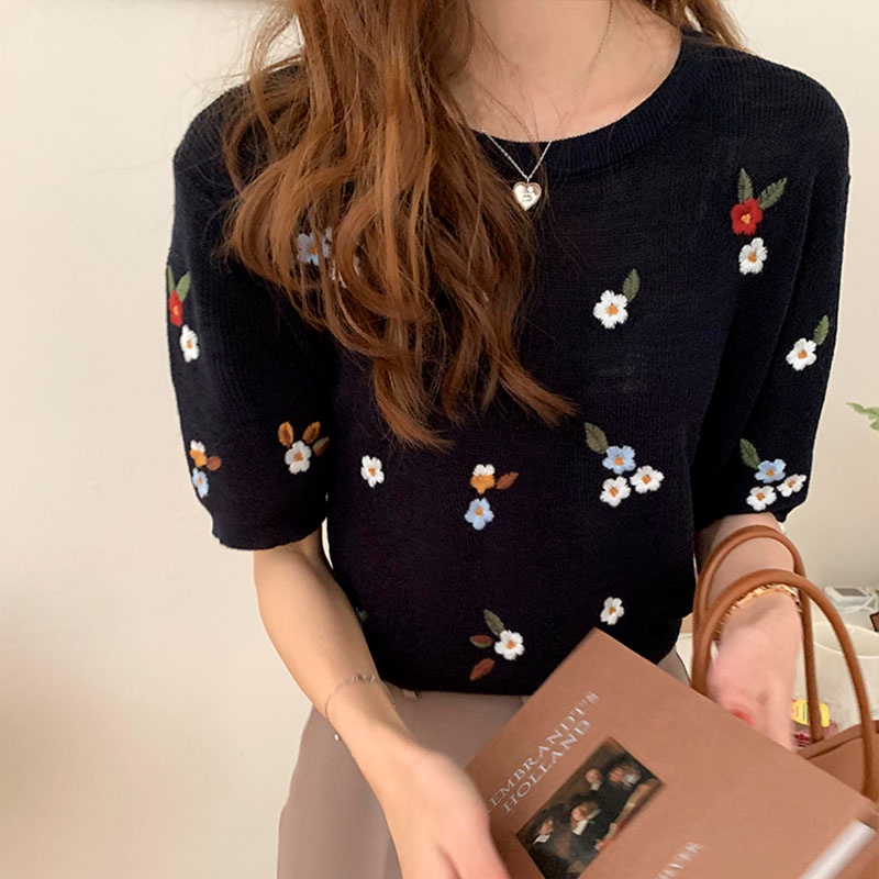 Áo Len Tay Ngắn Thêu Họa Tiết Phong Cách Hàn Quốc Thời Trang Mùa Hè Mới Cho Nữ