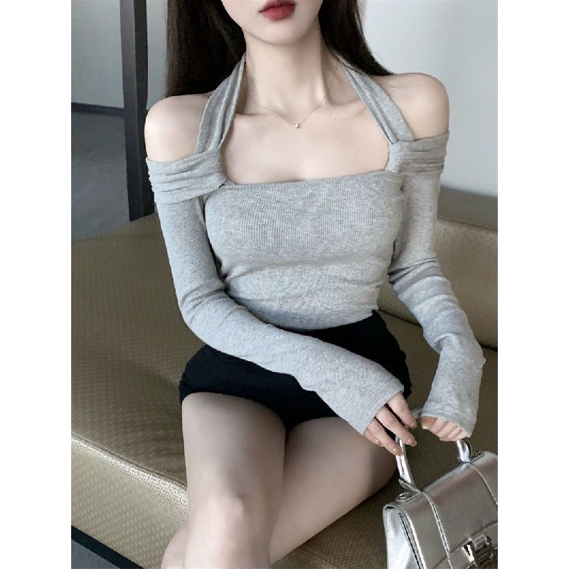 Áo Thun Dệt Kim Mỏng Tay Dài Hở Vai Thời Trang Mùa Xuân 2023 Quyến Rũ Cho Nữ