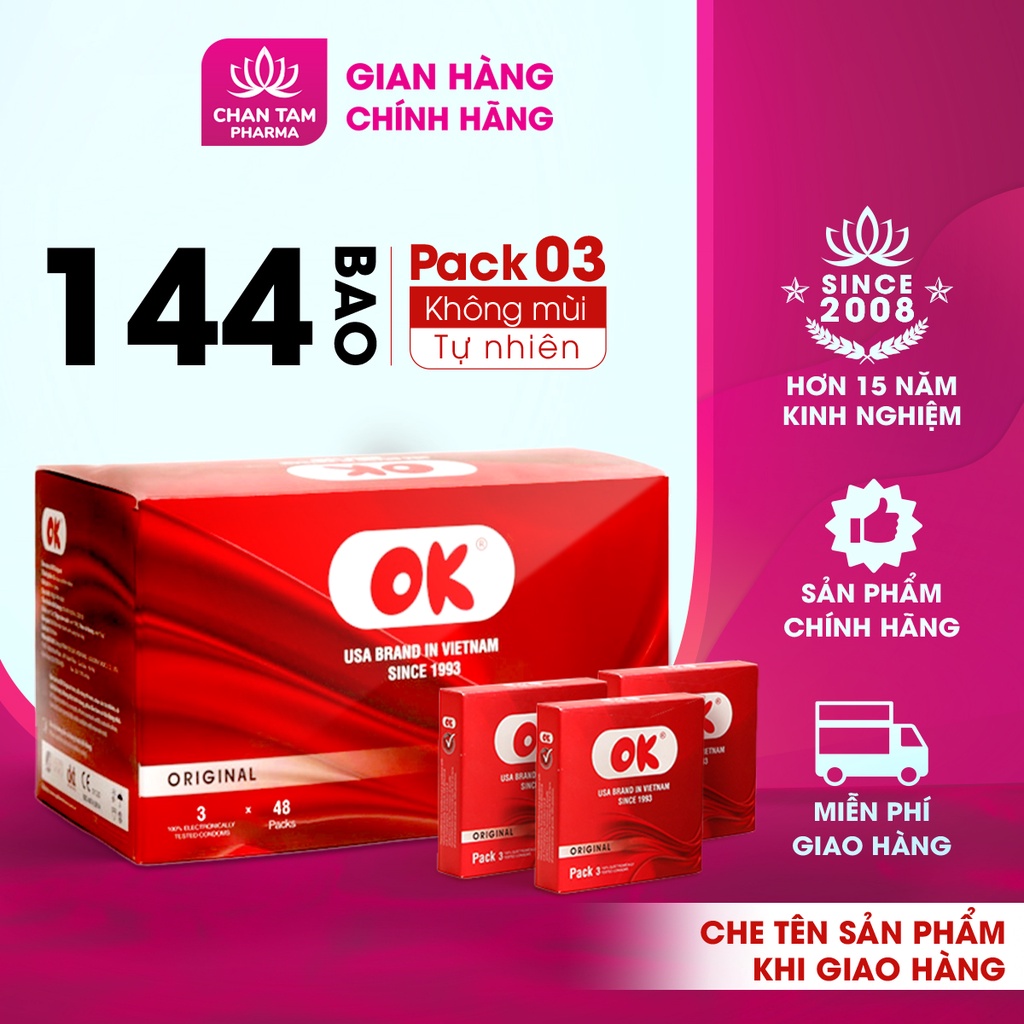 Bao cao su OK không mùi original pack 3 – hộp 144 cái (48 hộp nhỏ)